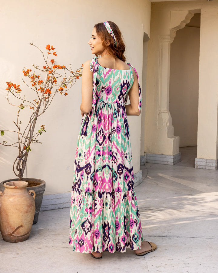Multicolor-Rayon-Multi-Hued-Ikat-Maxi-Dress