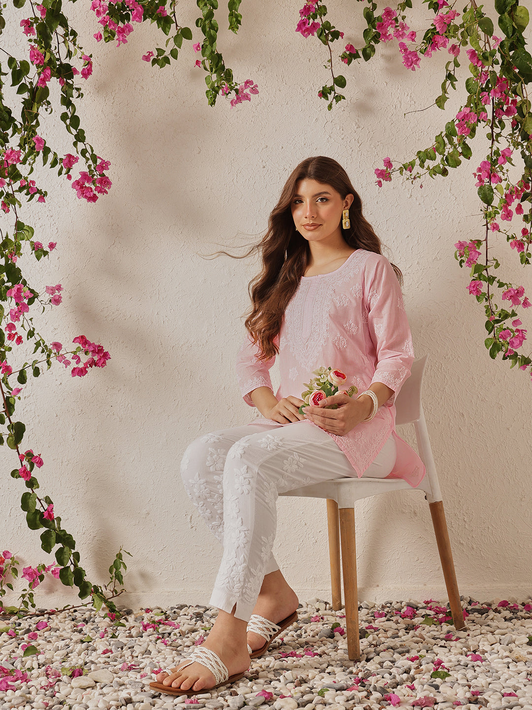 Pink Cotton Chikankari Tunic Kurti