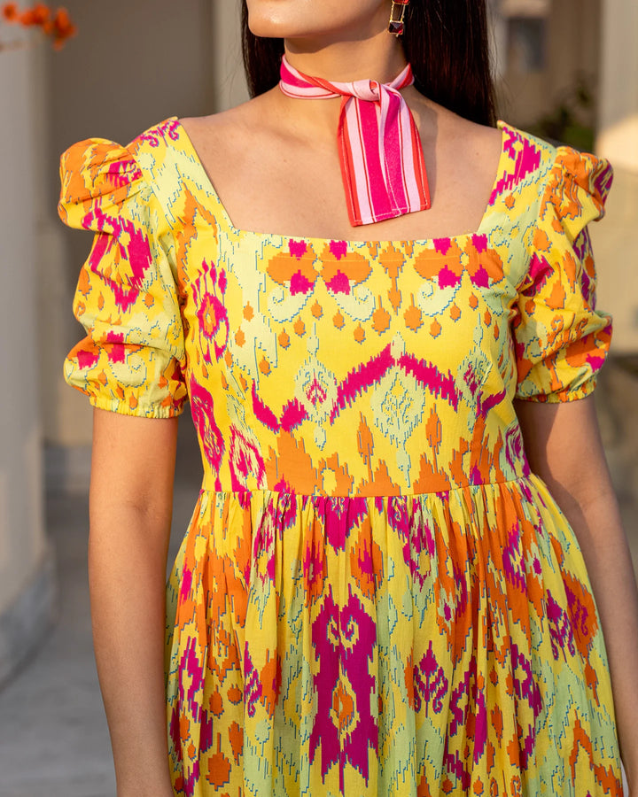 Multicolour-Cotton-Ikat-Midi-Dress