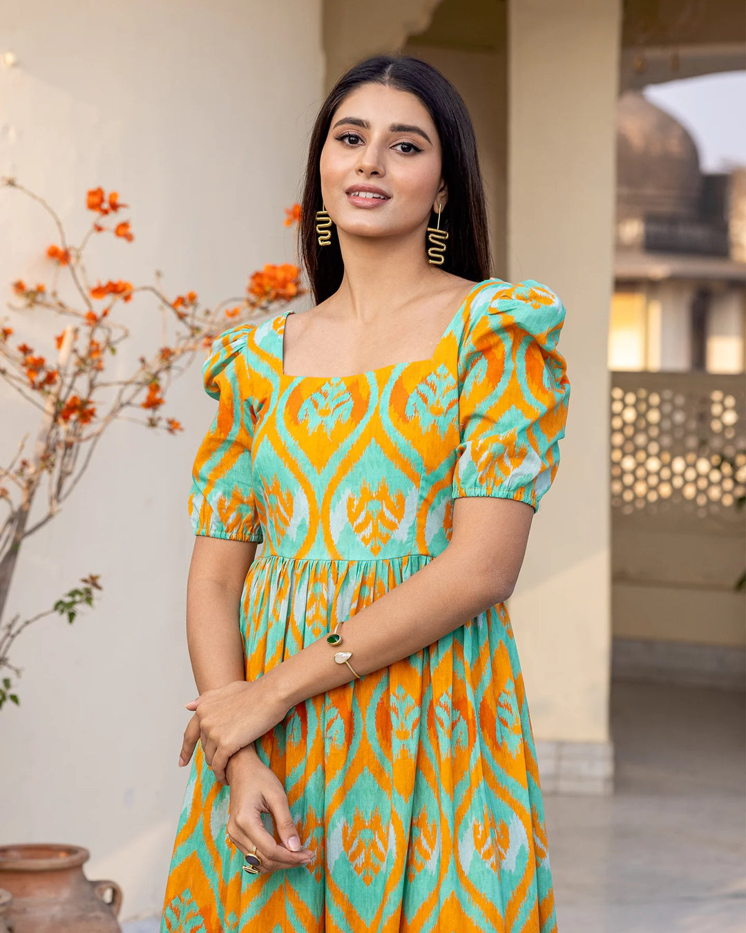 Teal-Green-Cotton-Ikat-Maxi-Dress