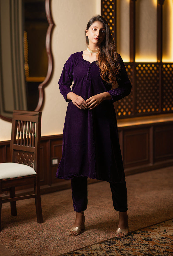 ZERESOUQ-Purple-Velvet-Solid-Co-ord-Set