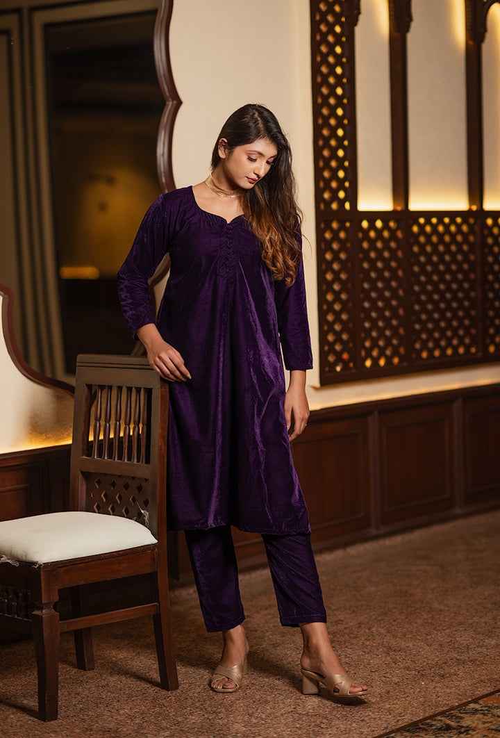 ZERESOUQ-Purple-Velvet-Solid-Co-ord-Set
