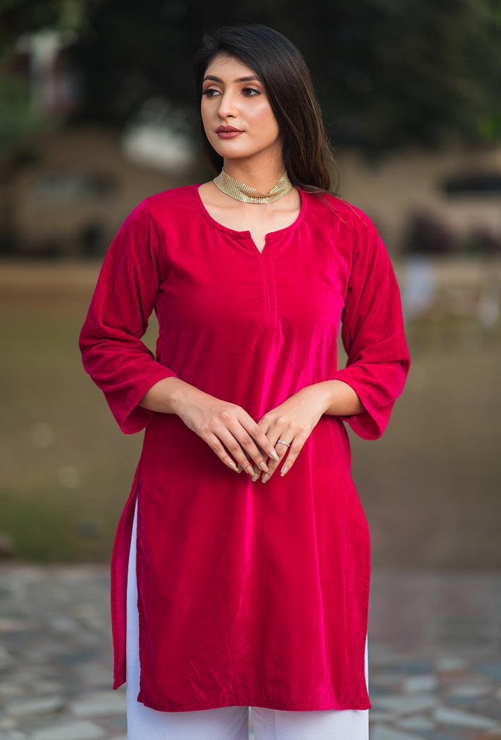 ZERESOUQ-Pink-Velvet-Solid-2-Piece-Kurta-Set