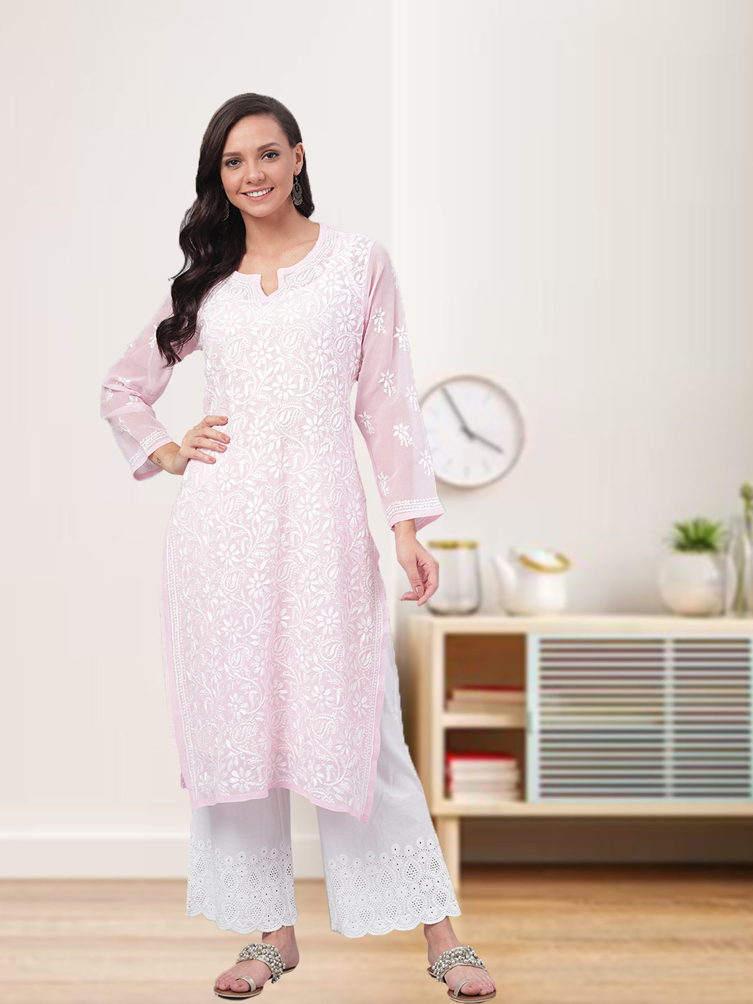 Pink Embroidered Chikankari Kurta With Slip