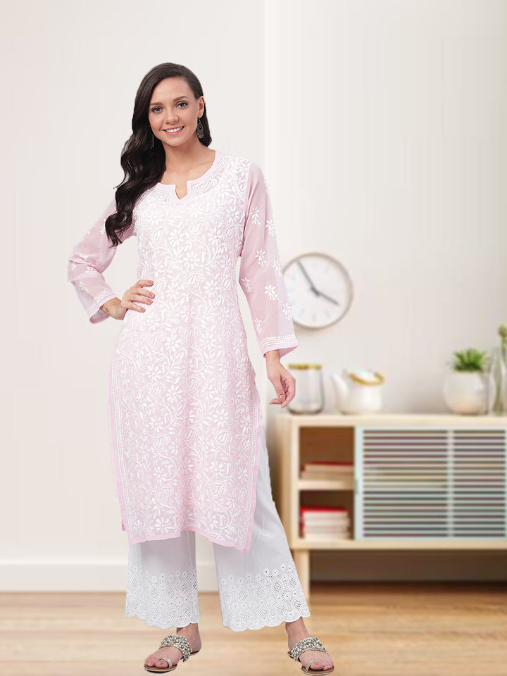 Pink Embroidered Chikankari Kurta With Slip