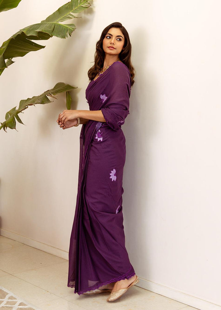 Ahilya-Purple-Embossed-Embroidered-Pre-Draped-Saree