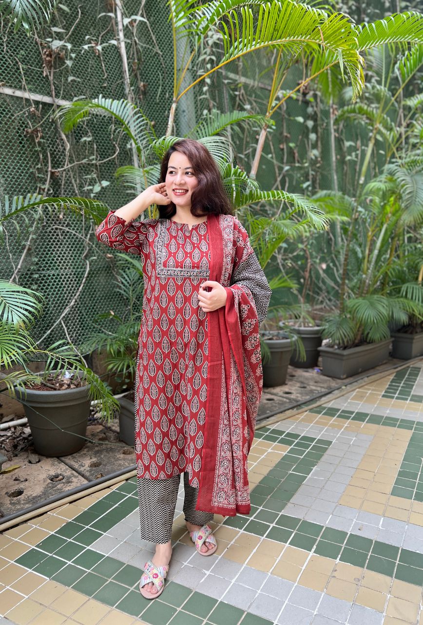 Ajrakh Brown Cotton Chevron 3-Piece Kurta Set