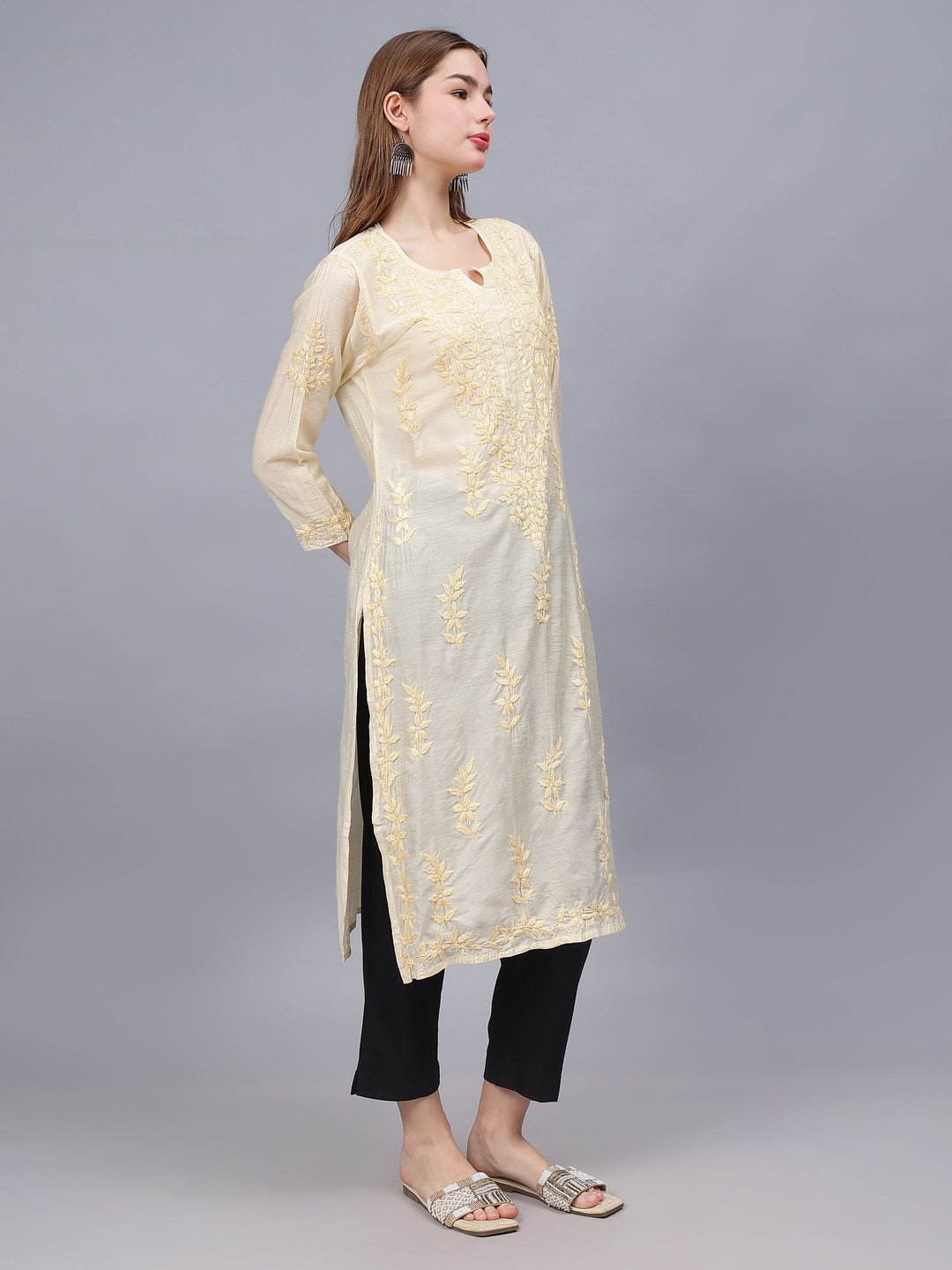 Beige-Chanderi-Embroidered-Chikankari-Kurti