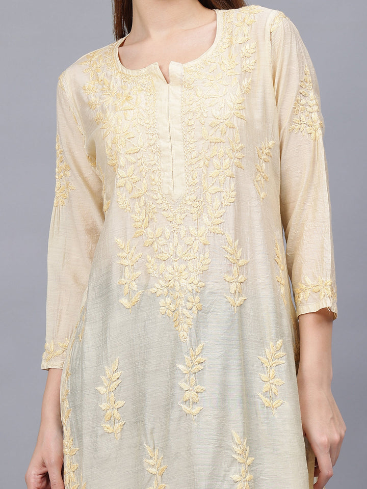 Beige-Chanderi-Embroidered-Chikankari-Kurti