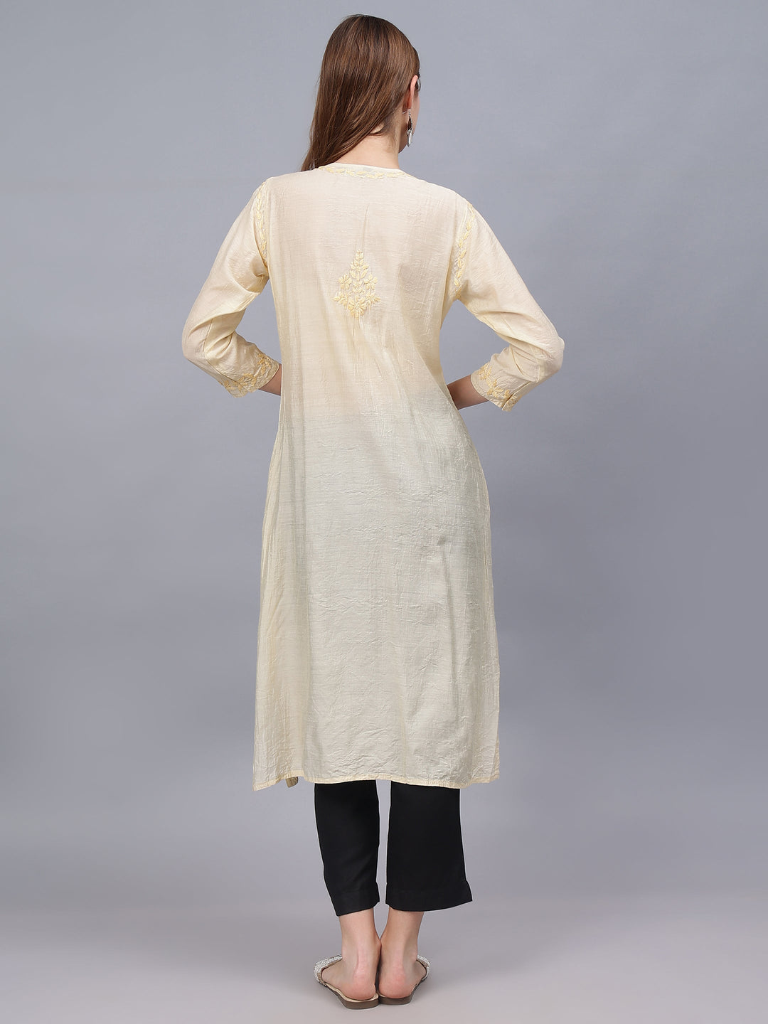 Beige-Chanderi-Embroidered-Chikankari-Kurti