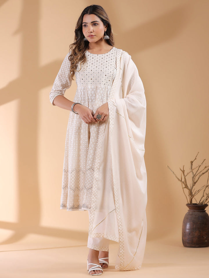 Beige Cotton All-Over Ethnic Motifs Anarkali Set