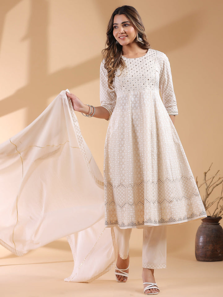 Beige Cotton All-Over Ethnic Motifs Anarkali Set