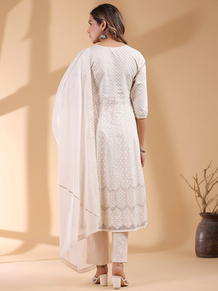 Beige Cotton All-Over Ethnic Motifs Anarkali Set