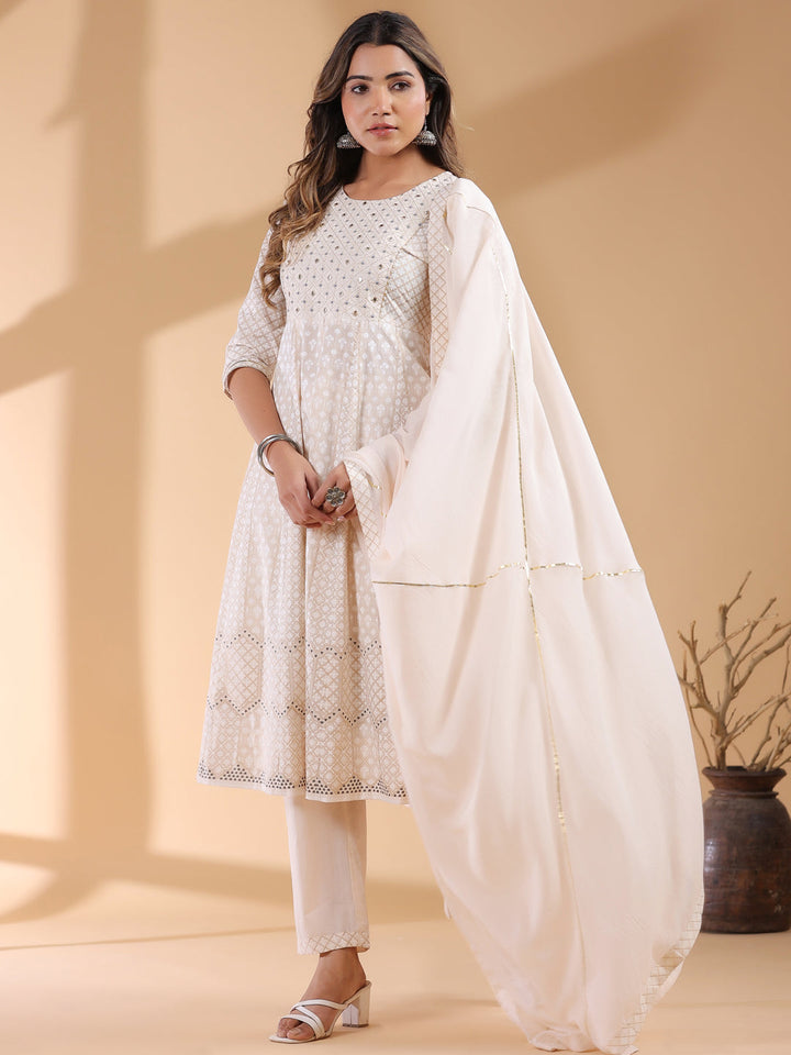 Beige Cotton All-Over Ethnic Motifs Anarkali Set