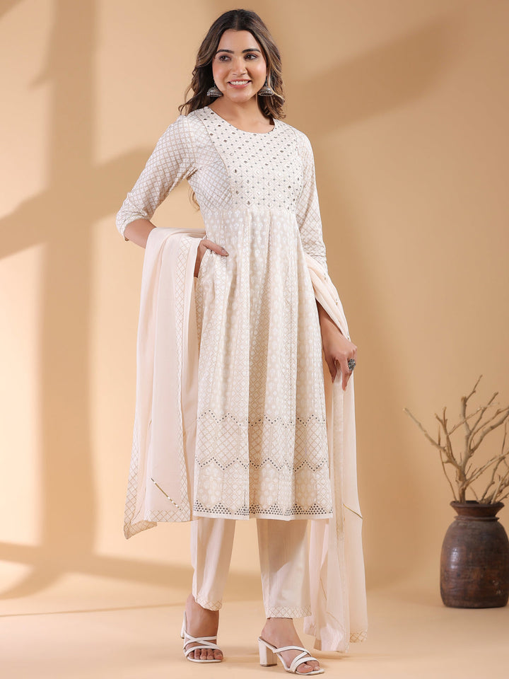 Beige Cotton All-Over Ethnic Motifs Anarkali Set