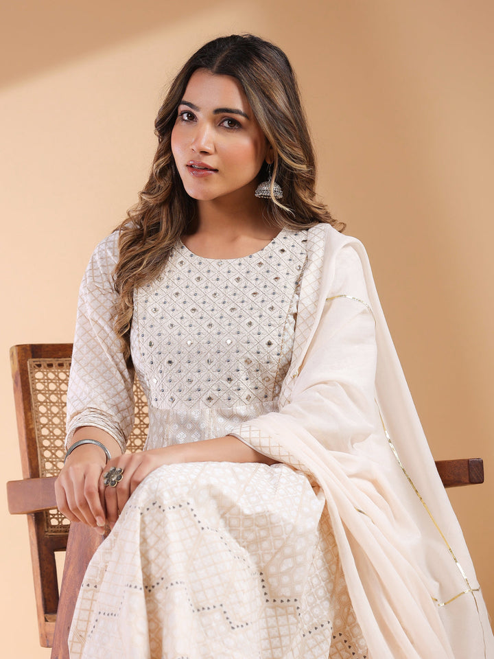 Beige Cotton All-Over Ethnic Motifs Anarkali Set