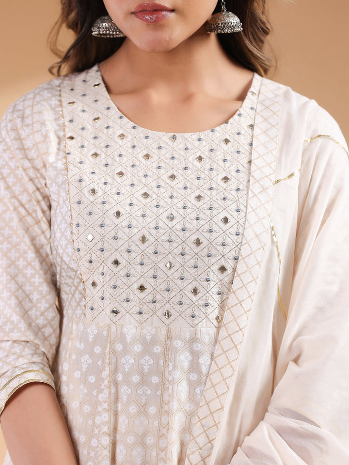 Beige Cotton All-Over Ethnic Motifs Anarkali Set