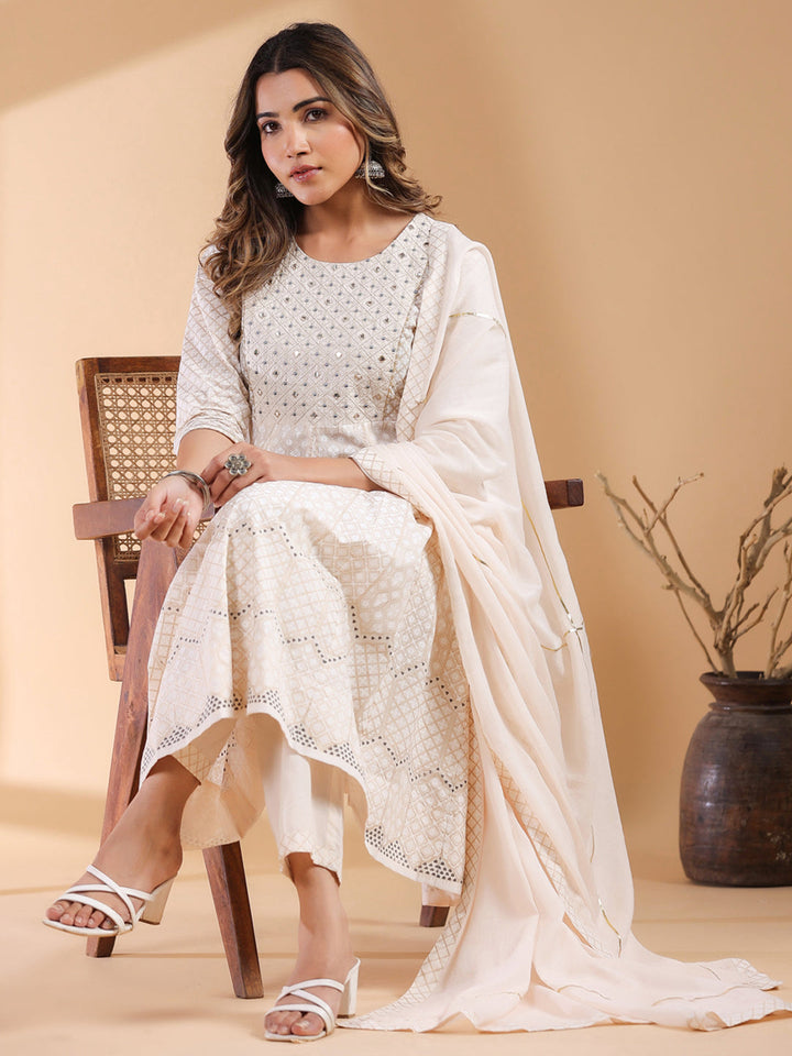 Beige Cotton All-Over Ethnic Motifs Anarkali Set