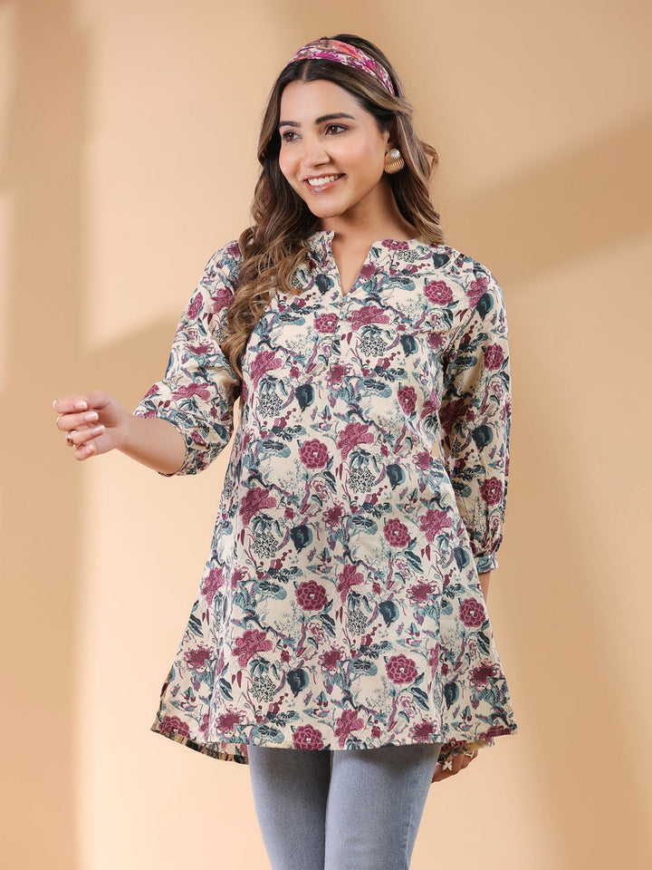 Beige Cotton All-Over Floral Straight Tunic Only