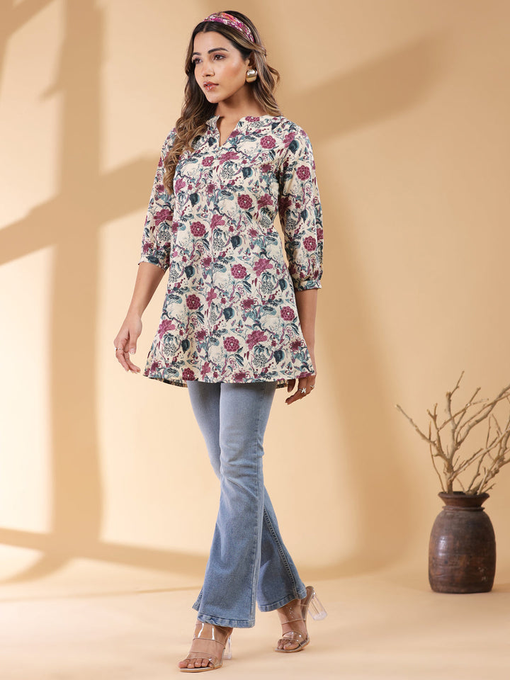 Beige Cotton All-Over Floral Straight Tunic Only