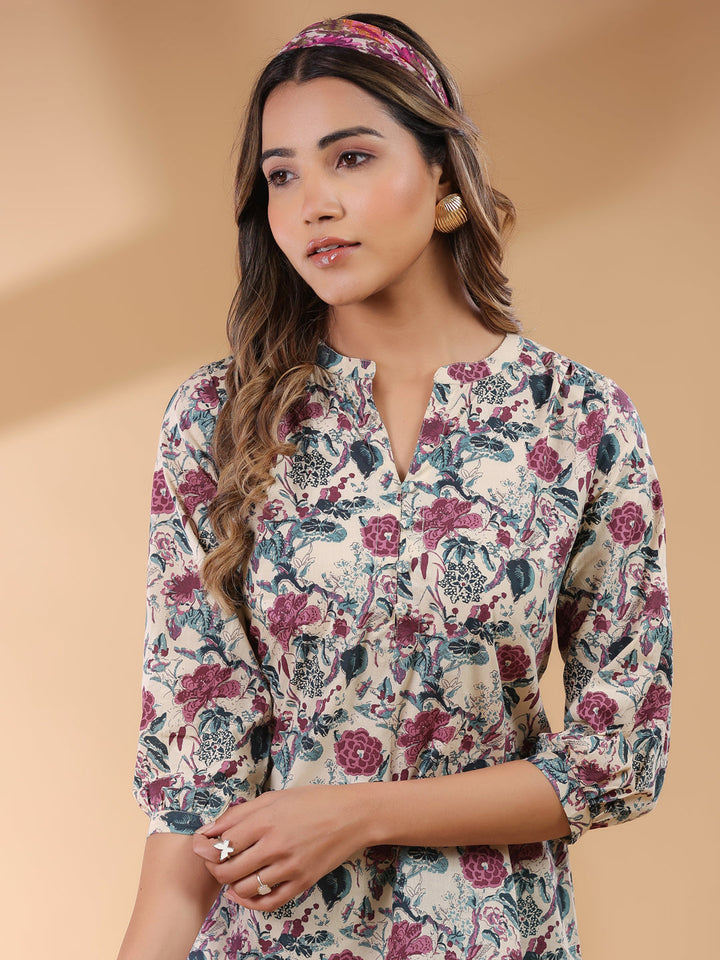 Beige Cotton All-Over Floral Straight Tunic Only