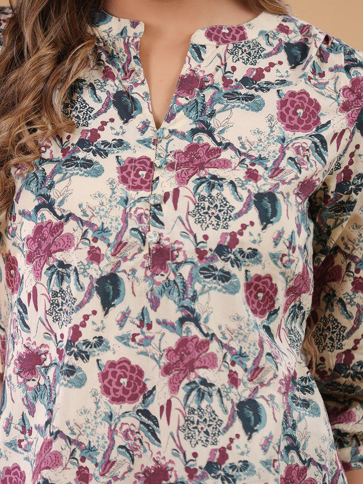 Beige Cotton All-Over Floral Straight Tunic Only