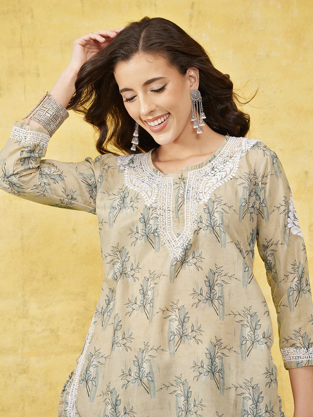 Beige-Muslin-Embroidered-Chikankari-Print-2-Piece-Kurta-Set
