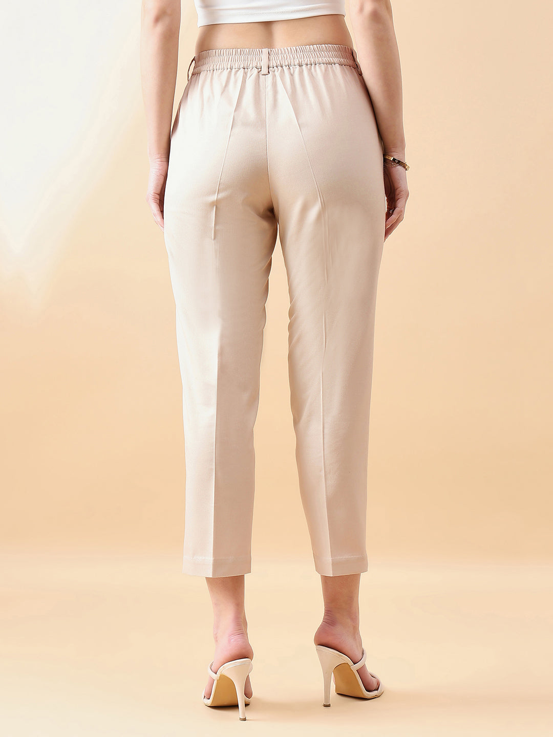 Beige-Polyester-Tapered-Slim-Fit-Trouser