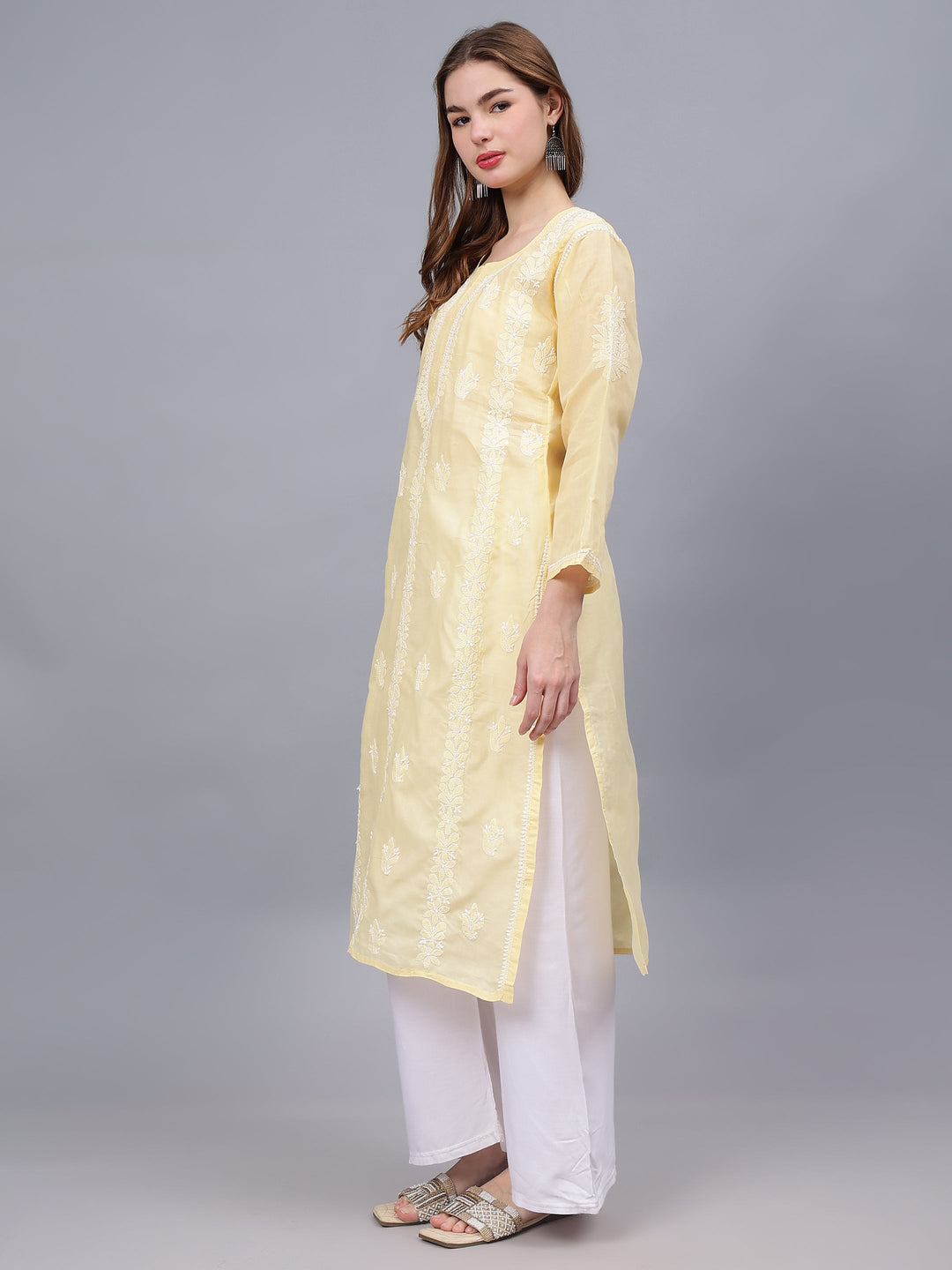 Beige-Terivoil-&-White-Embroidered-Chikankari-Kurti