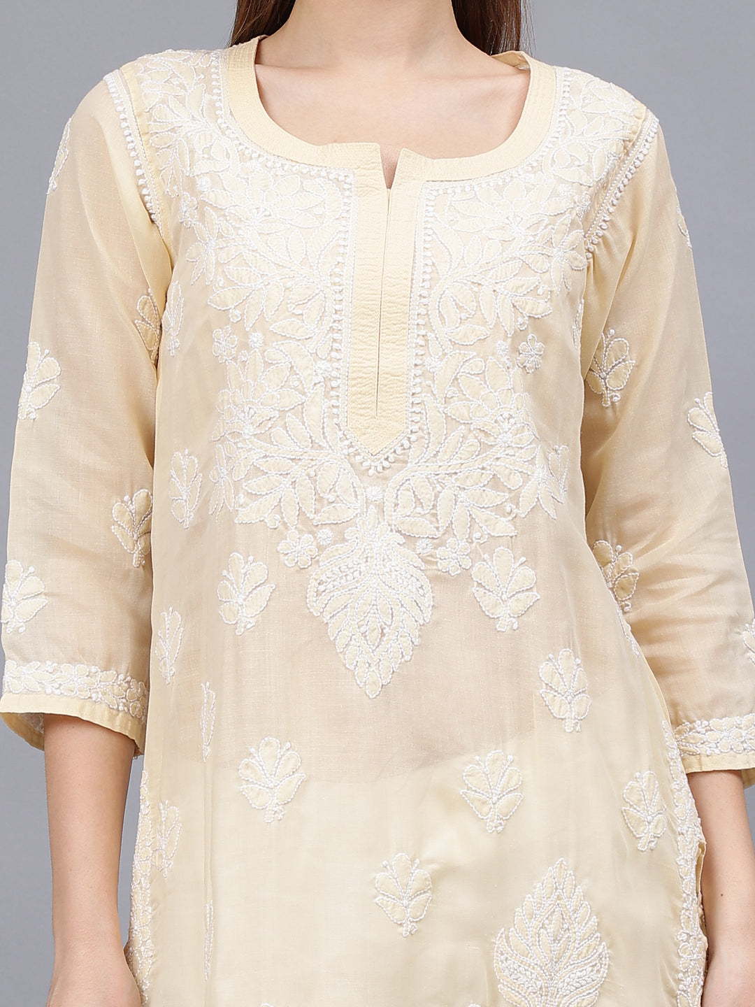 Beige-&-White-Cotton-Embroidered-Chikankari-Kurti