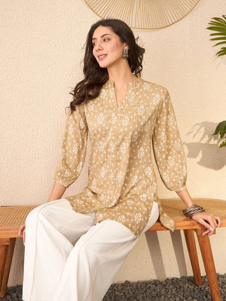 Beige-Cotton-Blend-Floral-Printed-Tunic-ONLY