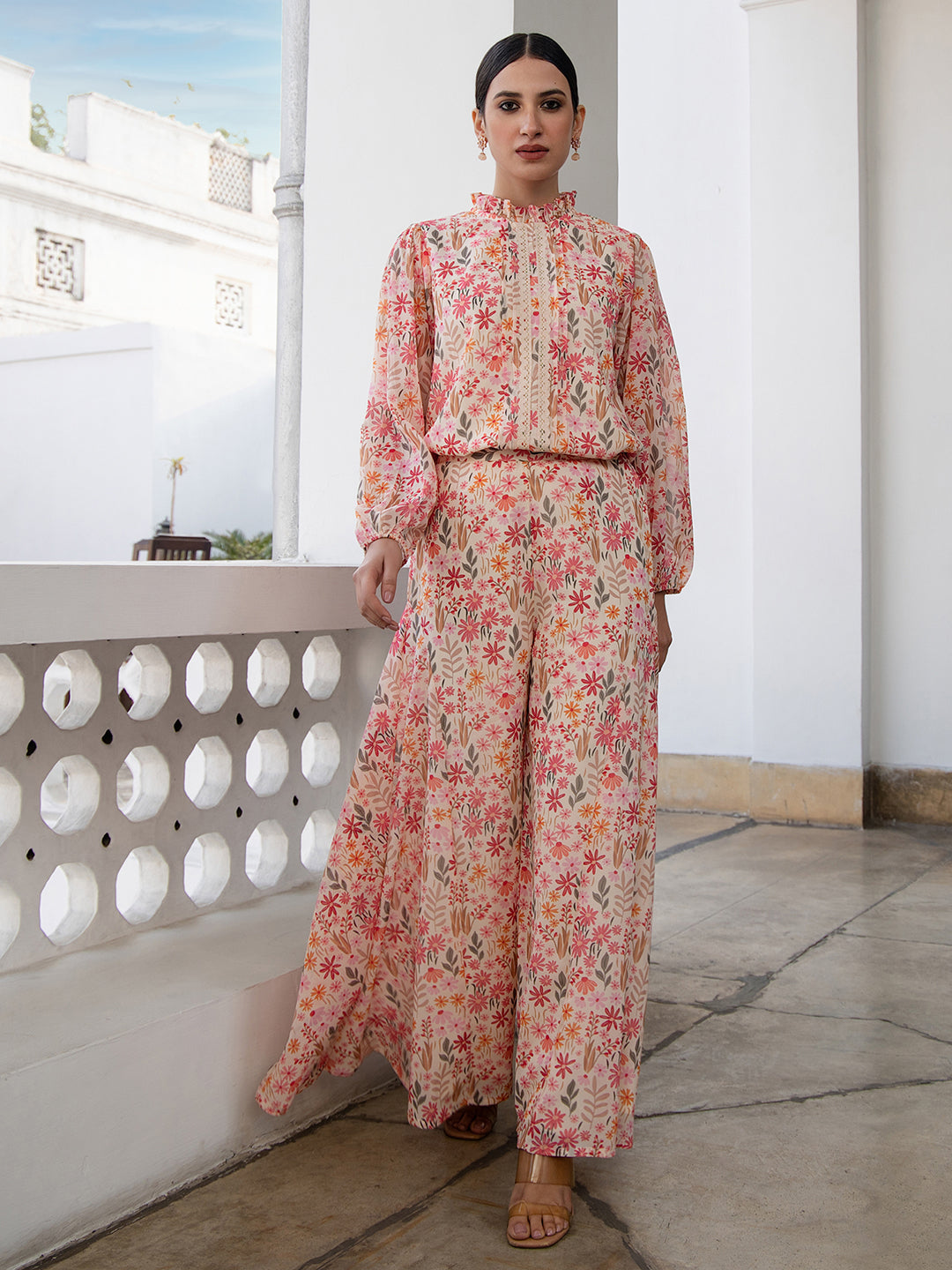 Beige Georgette Floral Print Flare Co-Ord Set
