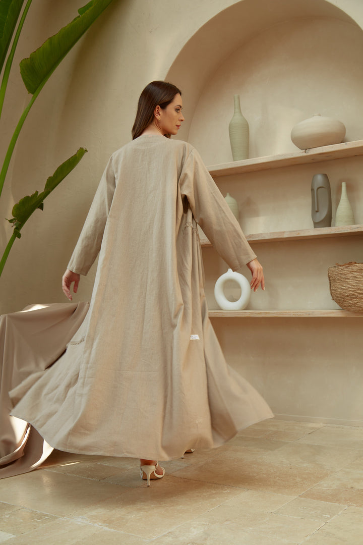 Beige-Linen-Threaded-Abaya-Set