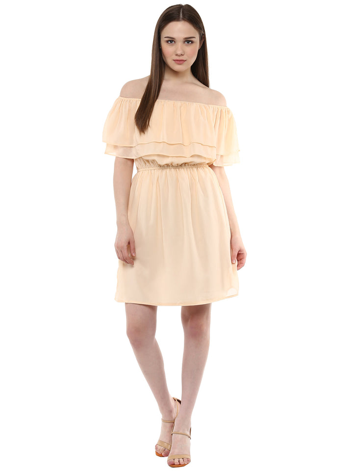 Beige-Poly-Georgette-Off-Shoulder-Dress