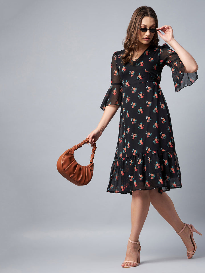 Black-Chiffon-Floral-Print-Bell-Sleeve-Dress