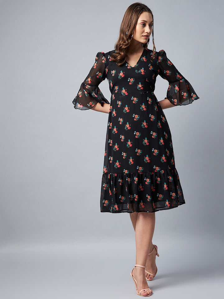 Black-Chiffon-Floral-Print-Bell-Sleeve-Dress