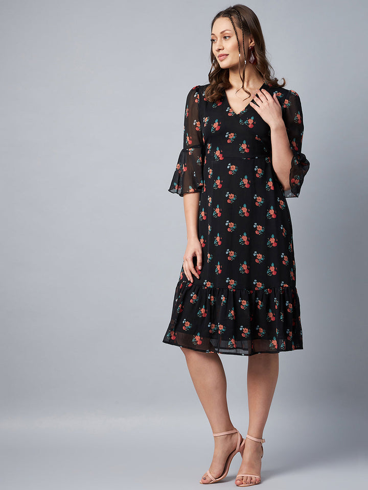 Black-Chiffon-Floral-Print-Bell-Sleeve-Dress