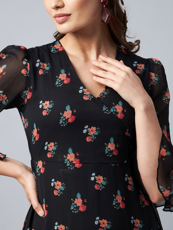 Black-Chiffon-Floral-Print-Bell-Sleeve-Dress