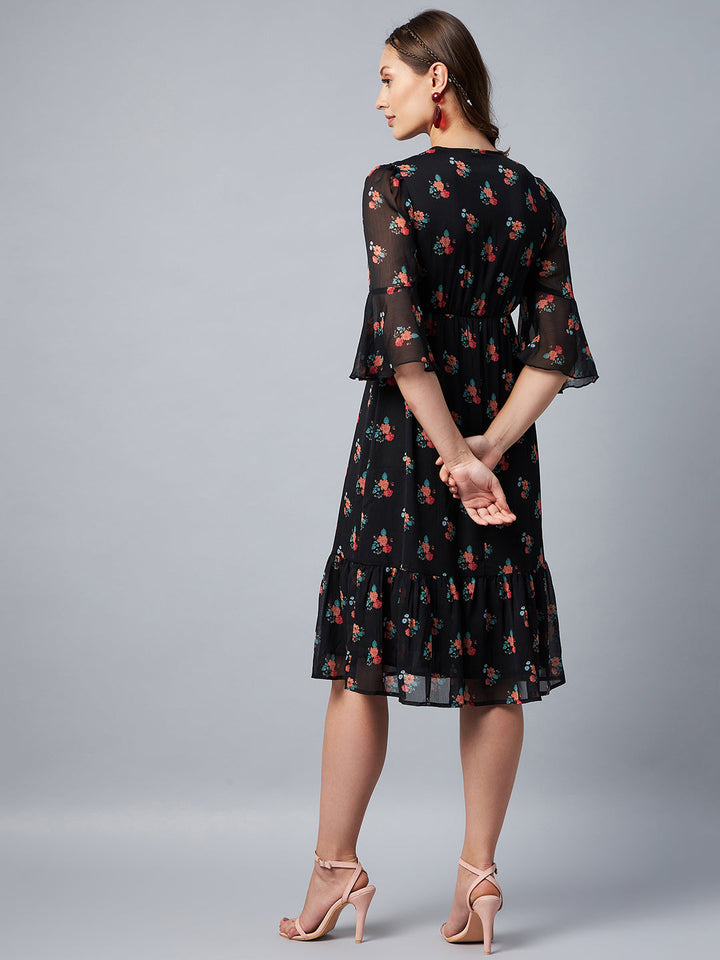 Black-Chiffon-Floral-Print-Bell-Sleeve-Dress