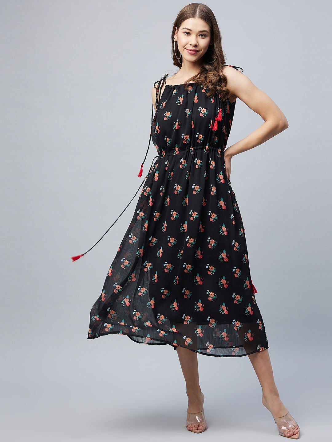 Black-Chiffon-Floral-Tie-Up-Dress-With-Tassels