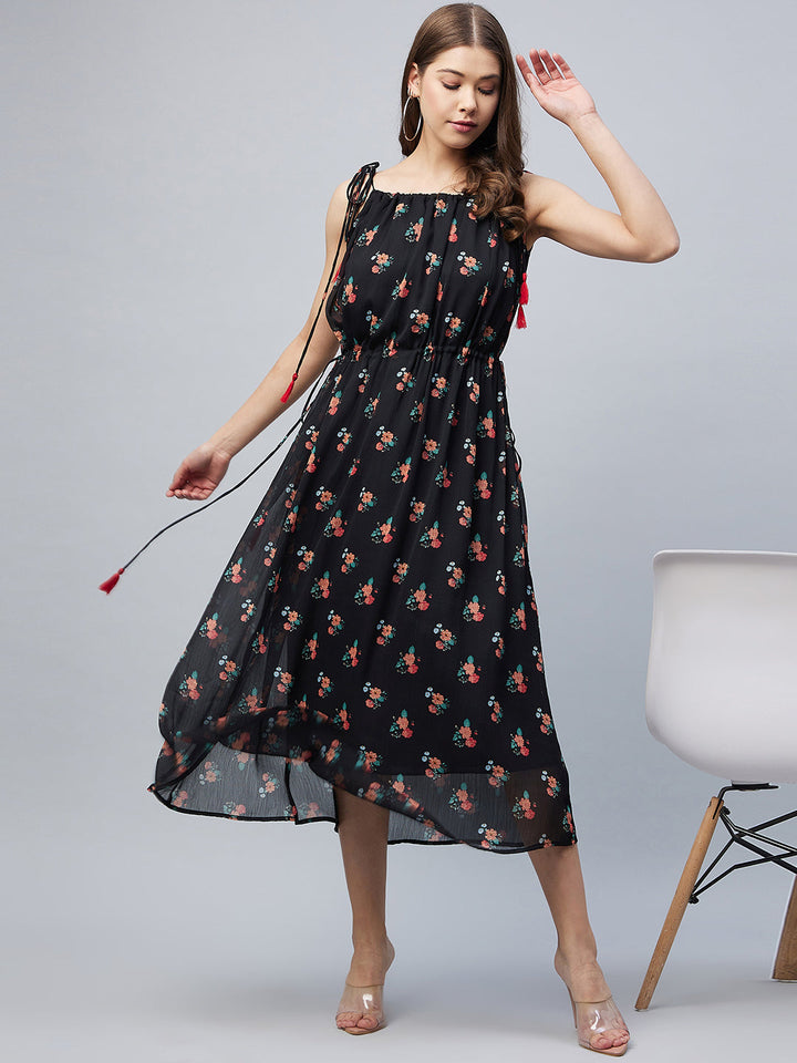 Black-Chiffon-Floral-Tie-Up-Dress-With-Tassels