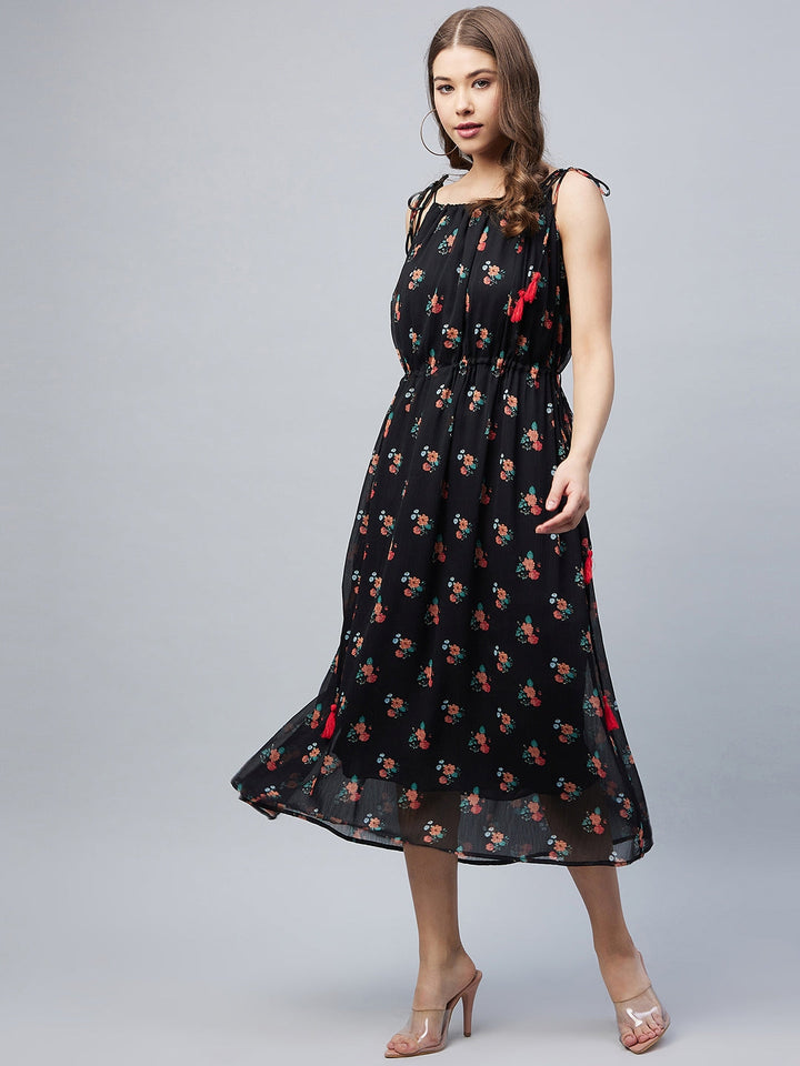 Black-Chiffon-Floral-Tie-Up-Dress-With-Tassels