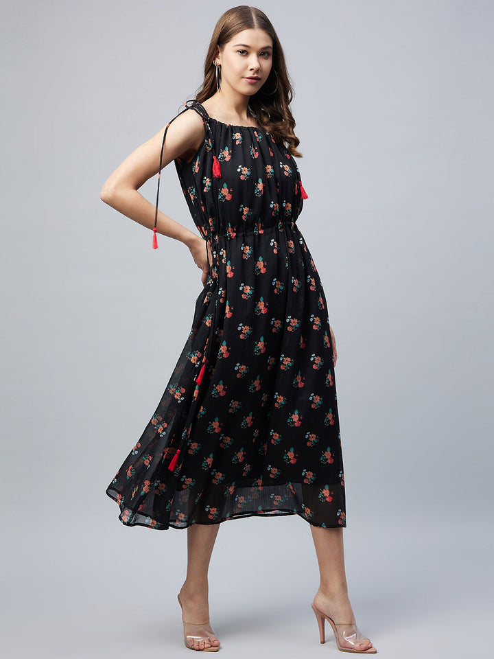 Black-Chiffon-Floral-Tie-Up-Dress-With-Tassels