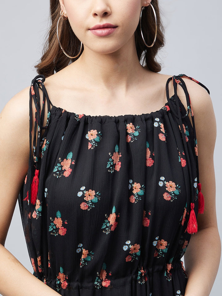 Black-Chiffon-Floral-Tie-Up-Dress-With-Tassels
