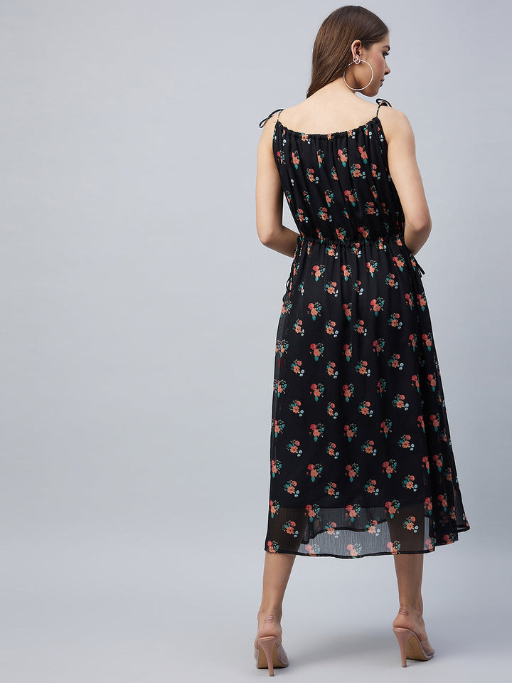 Black-Chiffon-Floral-Tie-Up-Dress-With-Tassels