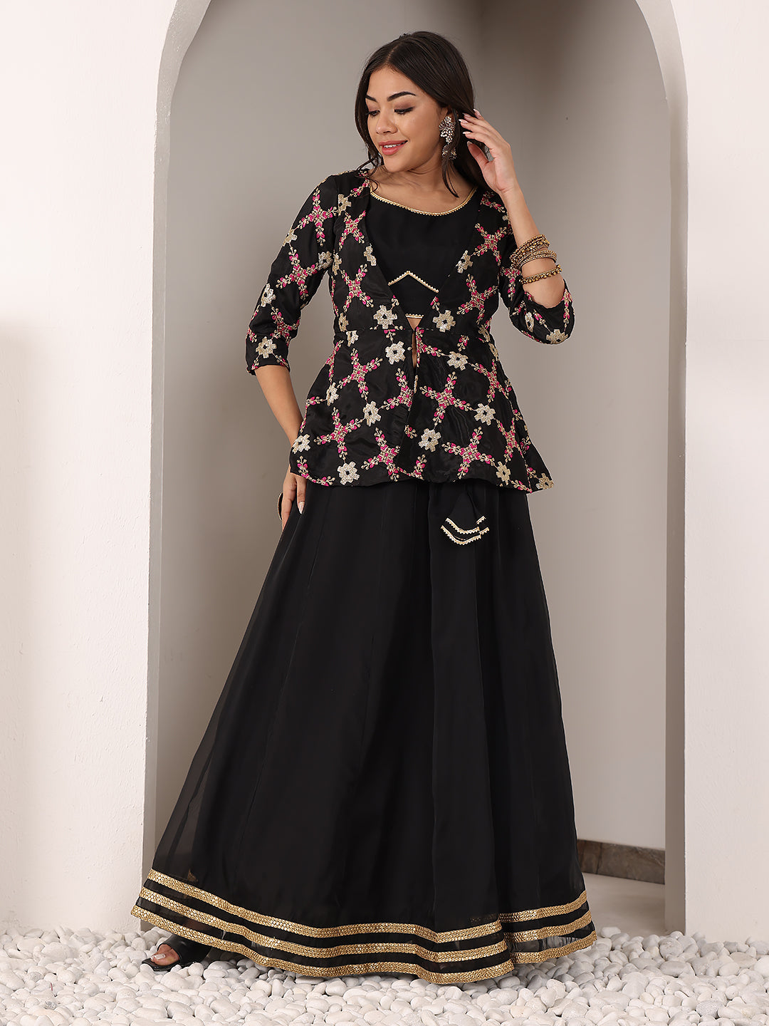 Black-Chinon-Embroidered-Jacket-Style-Lehenga-Set