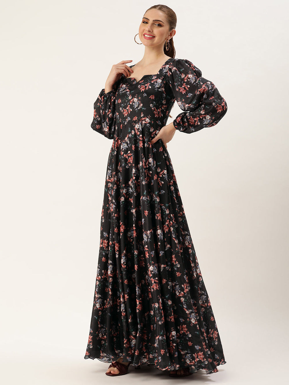 Black-Chinon-&-Polyester-Digital-Printed-Gown