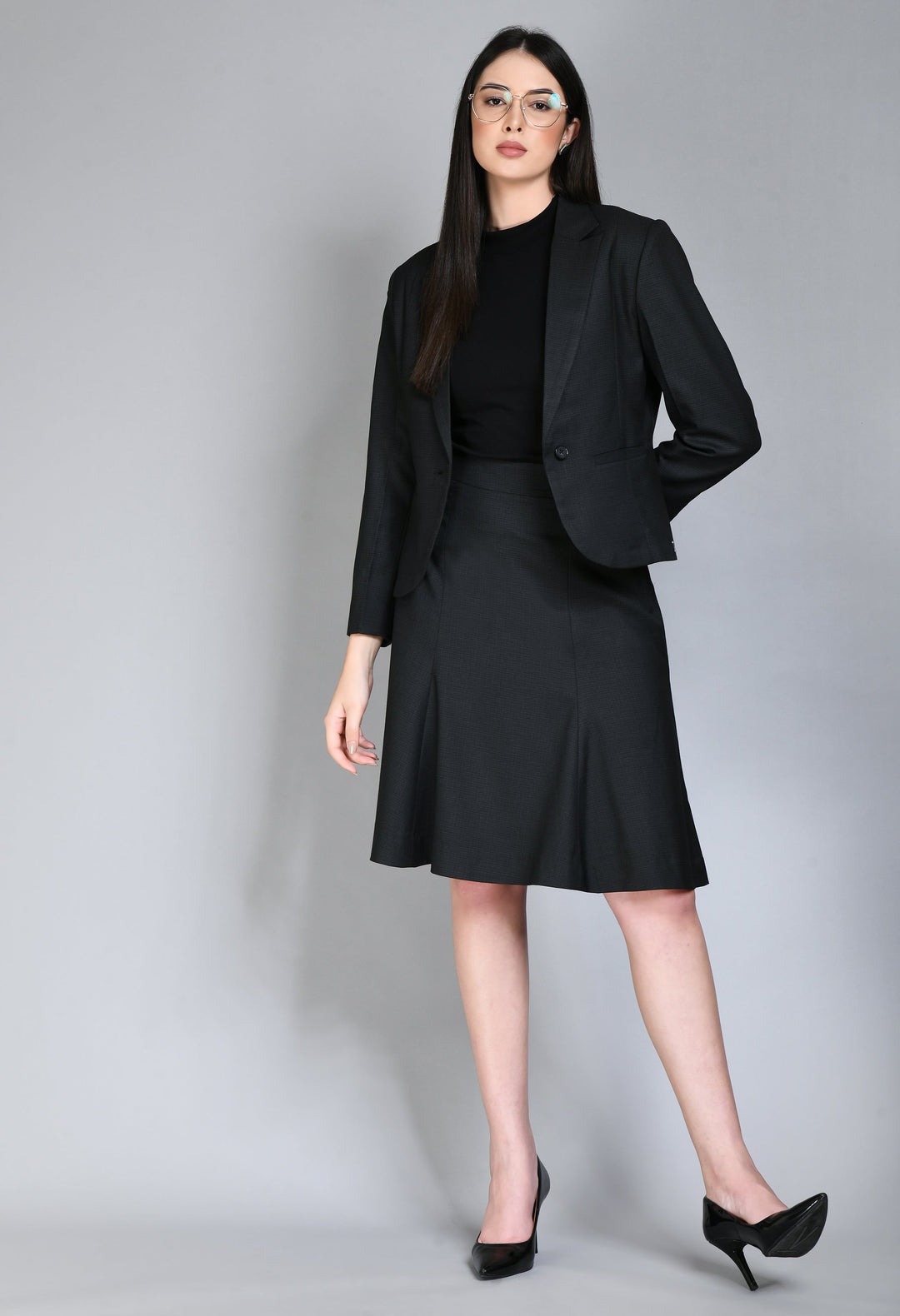 Black-Cotton-Blend-Checked-Short-Blazer-A-Line-Skirt-Suit
