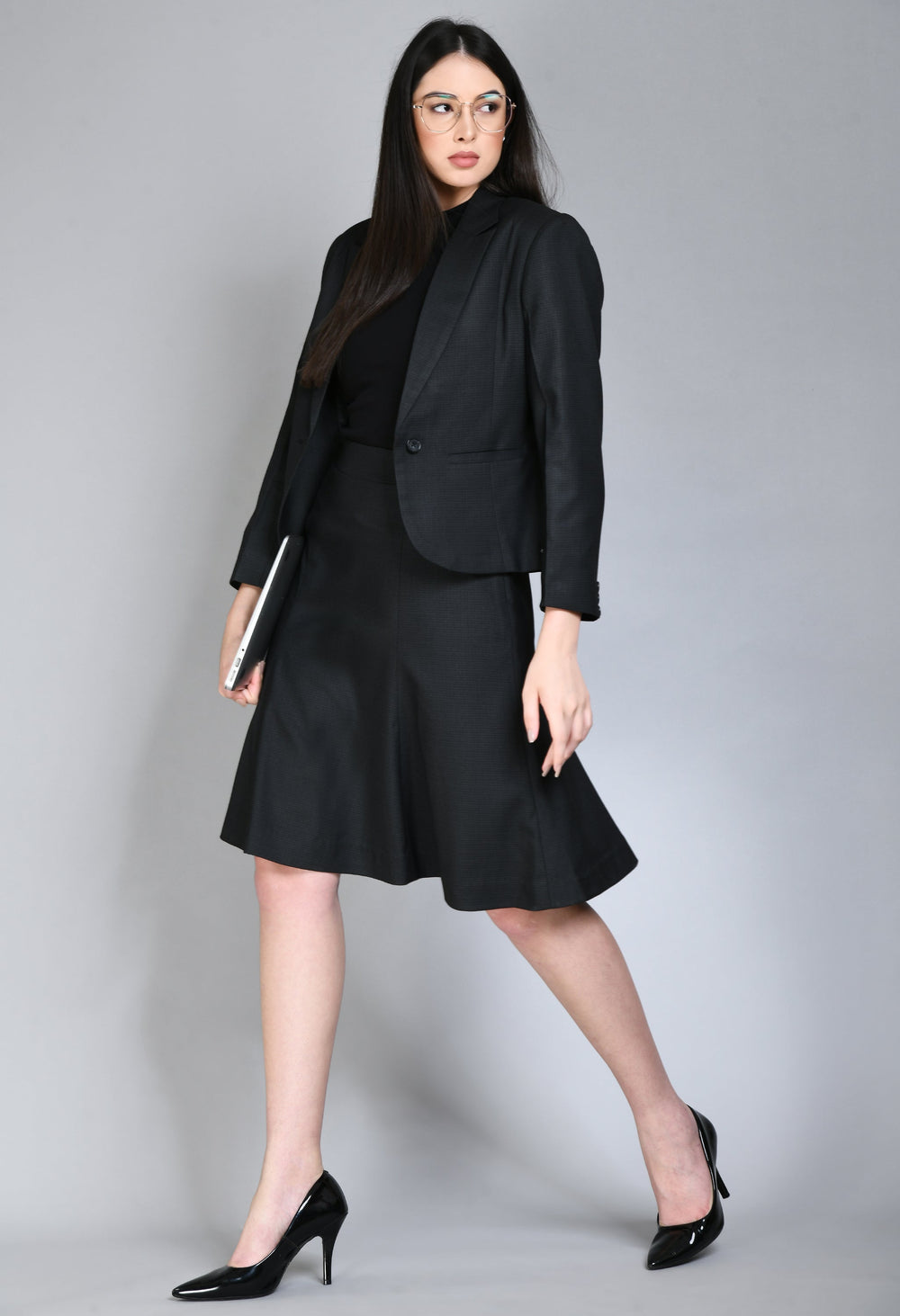Black-Cotton-Blend-Checked-Short-Blazer-A-Line-Skirt-Suit