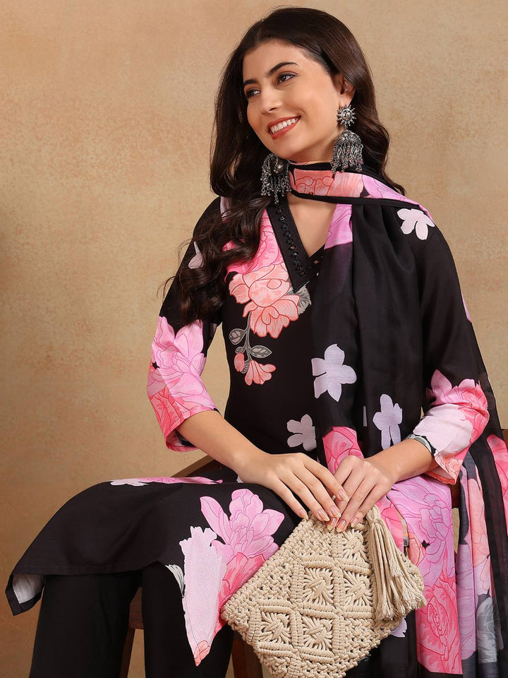 ZERESOUQ-Black-Cotton-Blend-Floral-Print-Straight-3-Piece-Kurta-Set